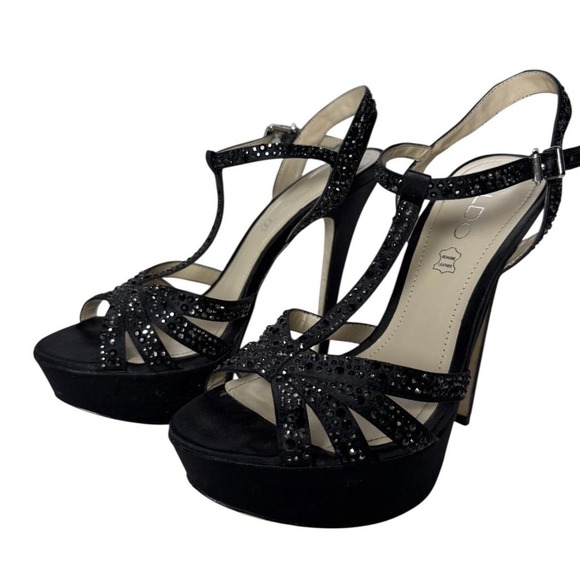 ALDO Black Strappy Rhinestone Platform Heels 7.5 Approx 5.5" Heel Sandals - Picture 1 of 5